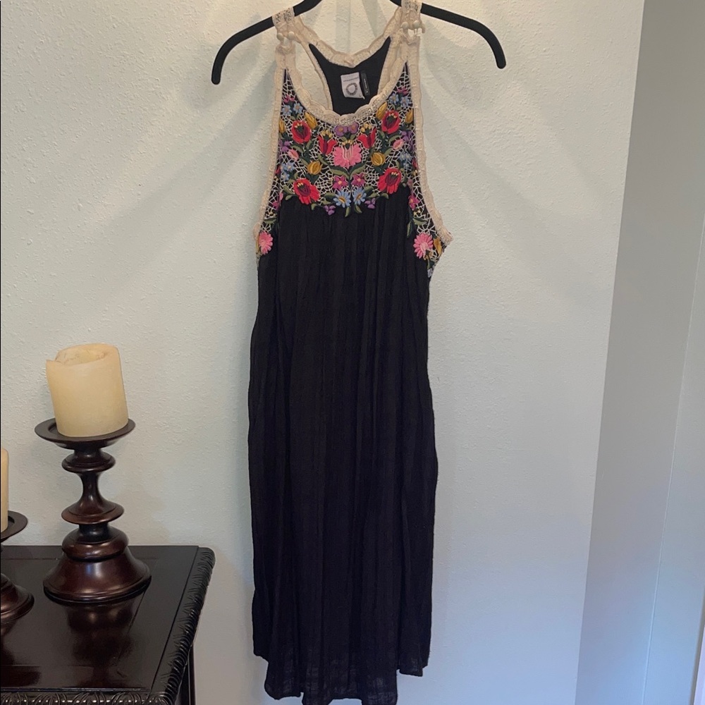 Anthropologie Black Midi Dress with Vibrant Floral Details